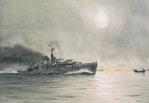 HMS AMETHYST BREAKS OUT OF THE YANGTSE RIVER, JULY 1949