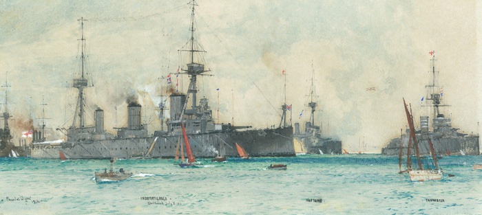 HMS INDEFATIGABLE, HMS NEPTUNE AND HMS THUNDERER AT SPITHEAD, 8TH JULY 1912