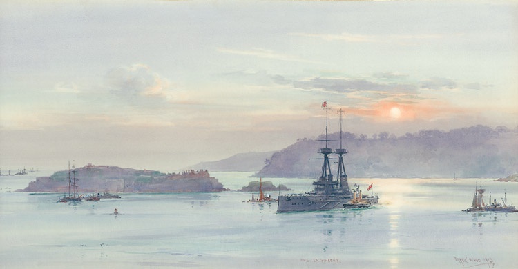 HMS ST VINCENT sailing from Plymouth on the evening tide, 1913